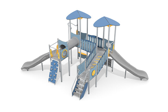 3D rendering af Wieża do zabawy - Aquarius INOX - poczwórna wieża ze zjeżdżalniami