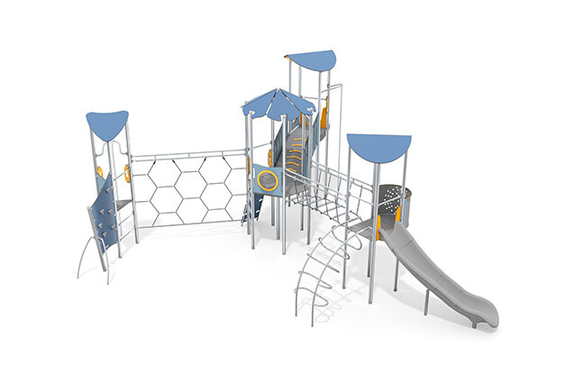 3D rendering af Wieża do zabawy - Aquarius INOX - poczwórna wieża z zestawem do wspinaczki