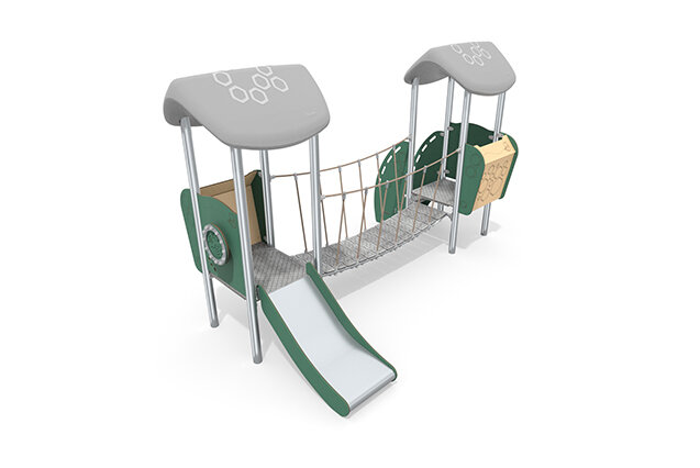 3D rendering af Wieża zabawowa Mini - dwie wieże z mostkiem linowym i zjeżdżalnią