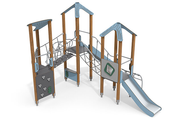 3D rendering af Wieża do zabawy - ECO - potrójna wieża z drabinkami do wspinania niebieska