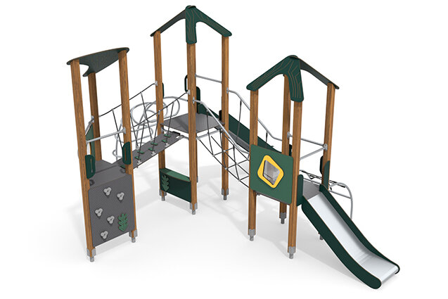 3D rendering af Wieża do zabawy - ECO - potrójna wieża z drabinkami do wspinania zielona