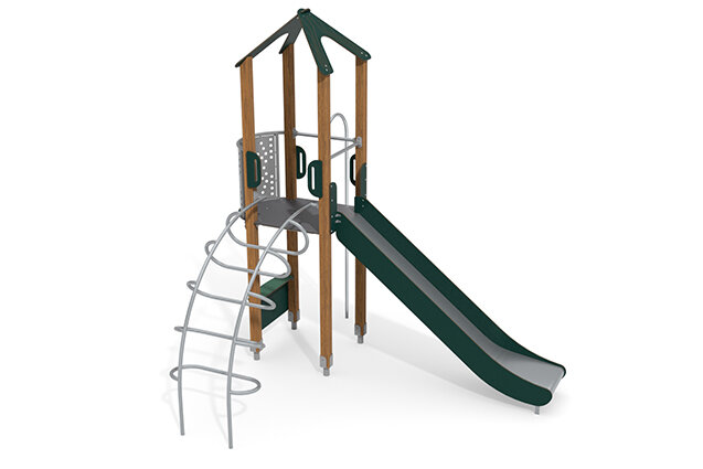 3D rendering af Wieża do zabawy - ECO - pojedyncza wieża z rurą strażacką - zielony