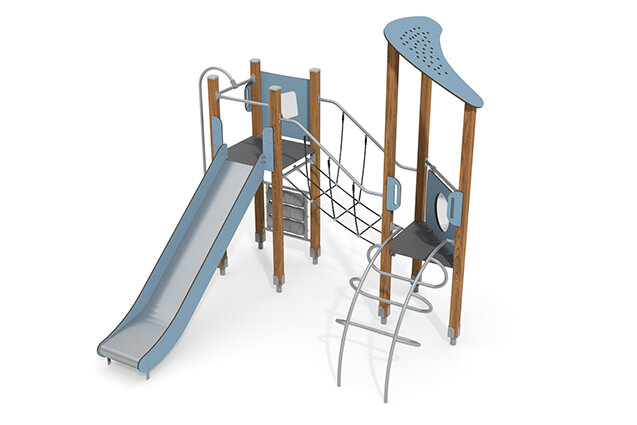 3D rendering af Wieża do zabawy - ECO - podwójna wieża z mostem linowym niebieski