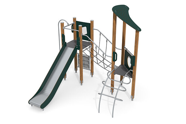 3D rendering af Wieża do zabawy - ECO - podwójna wieża z mostem linowym zielona