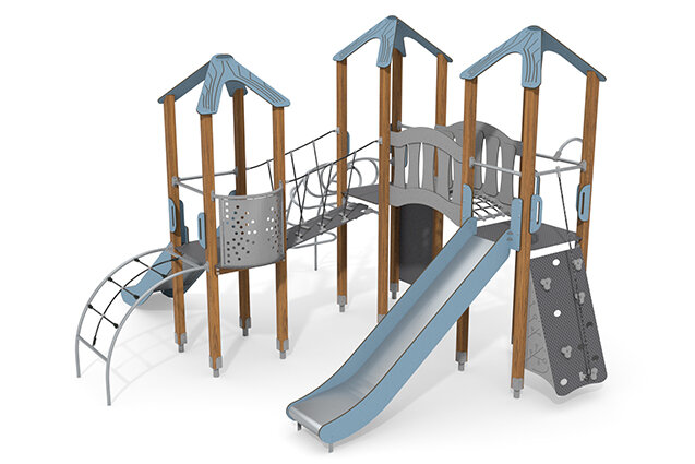 3D rendering af Wieża do zabawy - ECO - potrójna wieża ze zjeżdżalnią - niebieska