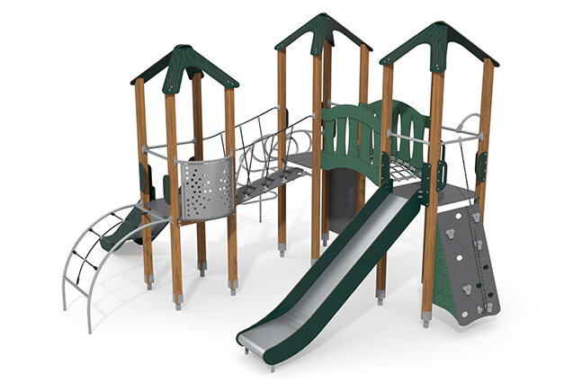 3D rendering af Wieża do zabawy - ECO - potrójna wieża ze zjeżdżalnią - zielona