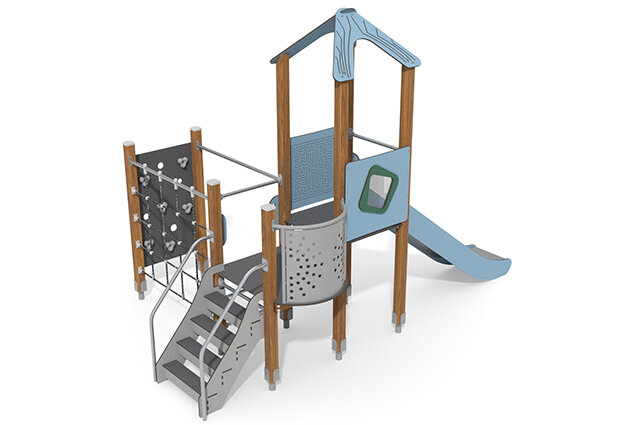3D rendering af Wieża do zabawy - ECO - podwójna wieża ze ścianką wspinaczkową - niebieska