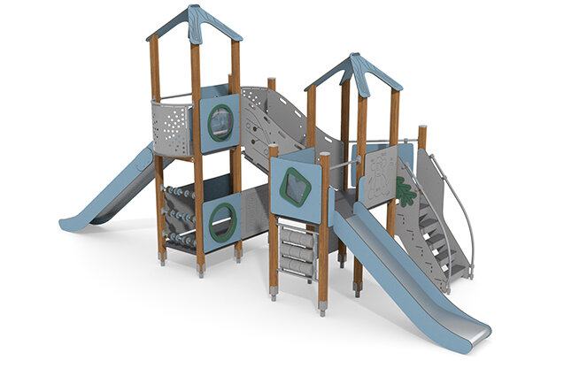 3D rendering af Wieża do zabawy - ECO - dwie wieże z panelami aktywności - niebieskie