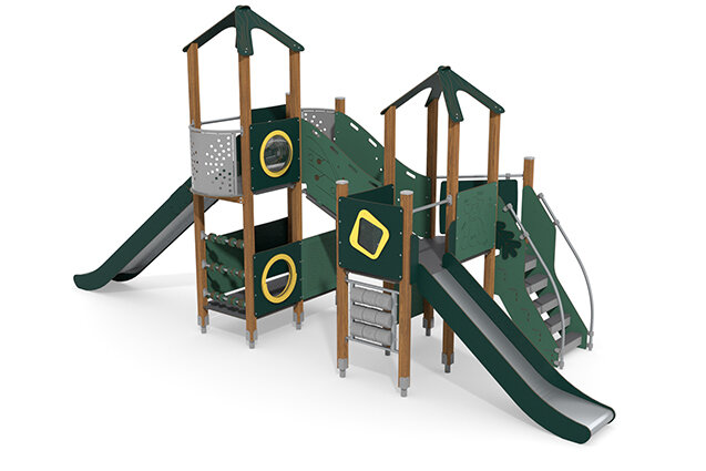 3D rendering af Wieża do zabawy - ECO - dwie wieże z panelami aktywności - zielone