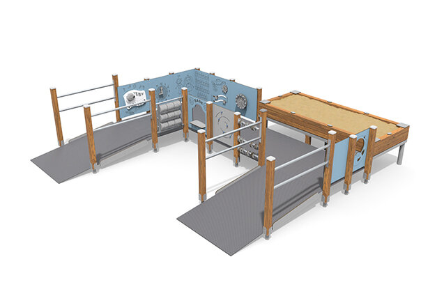 3D rendering af Wieża do zabawy - ECO strefa zabaw z rampą dla wózków inwalidzkich - niebieska