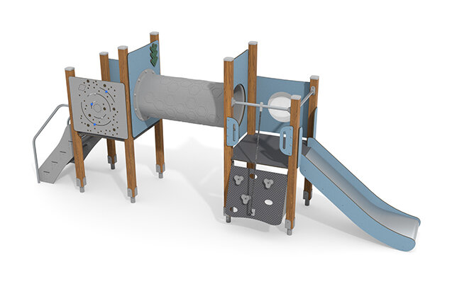 3D rendering af Wieża do zabawy - ECO - podwójna wieża z tunelem do czołgania - niebieska