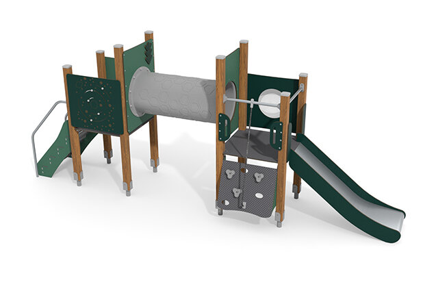 3D rendering af Wieża do zabawy - ECO - podwójna wieża z tunelem do czołgania - zielona