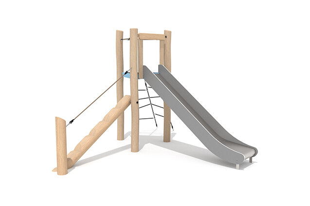 3D rendering af Wieża do zabawy - Robinia Scandic trójkątna wieża ze zjeżdżalnią i pochyłą belką do balansowania