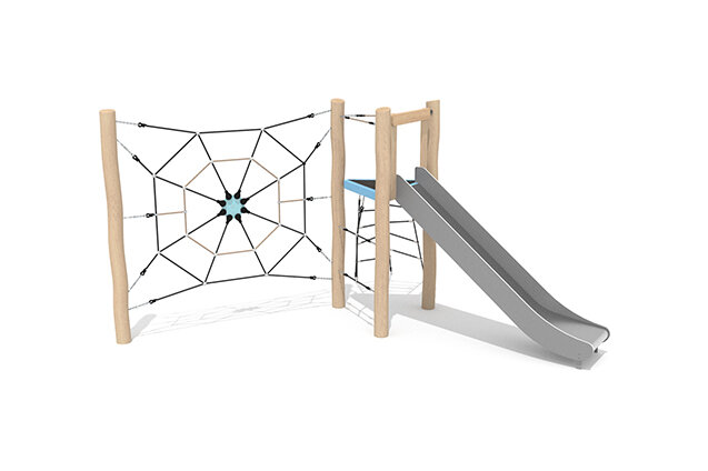 3D rendering af Wieża do zabawy - Robinia Scandic wieża ze zjeżdżalnią i siatką wspinaczkową w kształcie pajęczyny