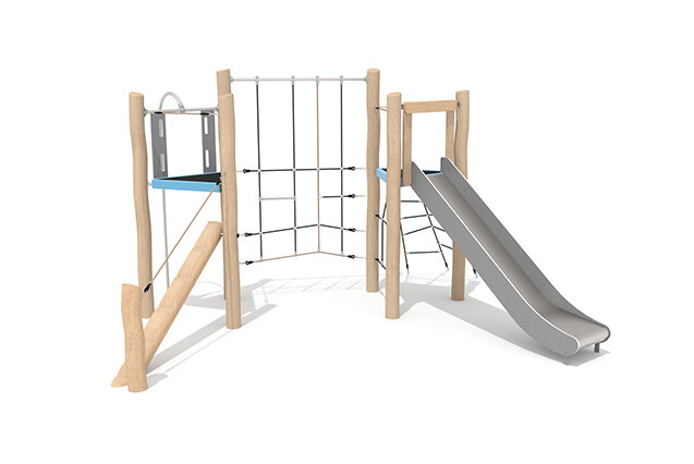 3D rendering af Wieża do zabawy - Robinia Scandic podwójna wieża z siatką wspinaczkową i belką do balansowania