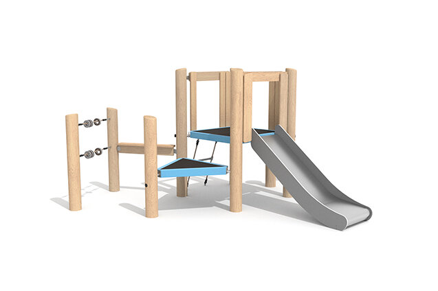 3D rendering af Wieża do zabawy - Robinia Scandic podwójna wieża ze zjeżdżalnią i stolikiem