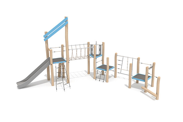 3D rendering af Wieża do zabawy - Robinia Scandic potrójna wieża z siatką wspinaczkową i mostkiem linowym