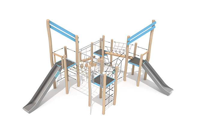 3D rendering af Wieża do zabawy - Robinia Scandic cztery wieże ze zjeżdżalniami i siatkami wspinaczkowymi