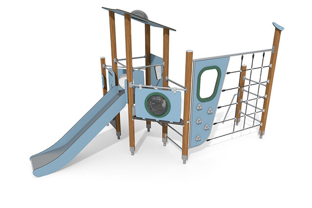 3D rendering af Wieża do zabawy - ECO - pojedyncza wieża z torem wspinaczkowym - niebieska